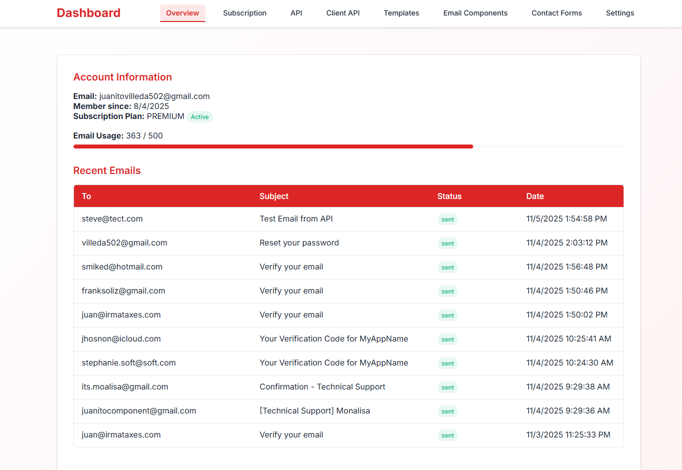 Email Verification Service - Email server dashboard interface